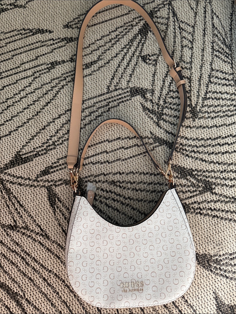 Guess White Monogram Crescent Shoulder Bag with Beige Strap